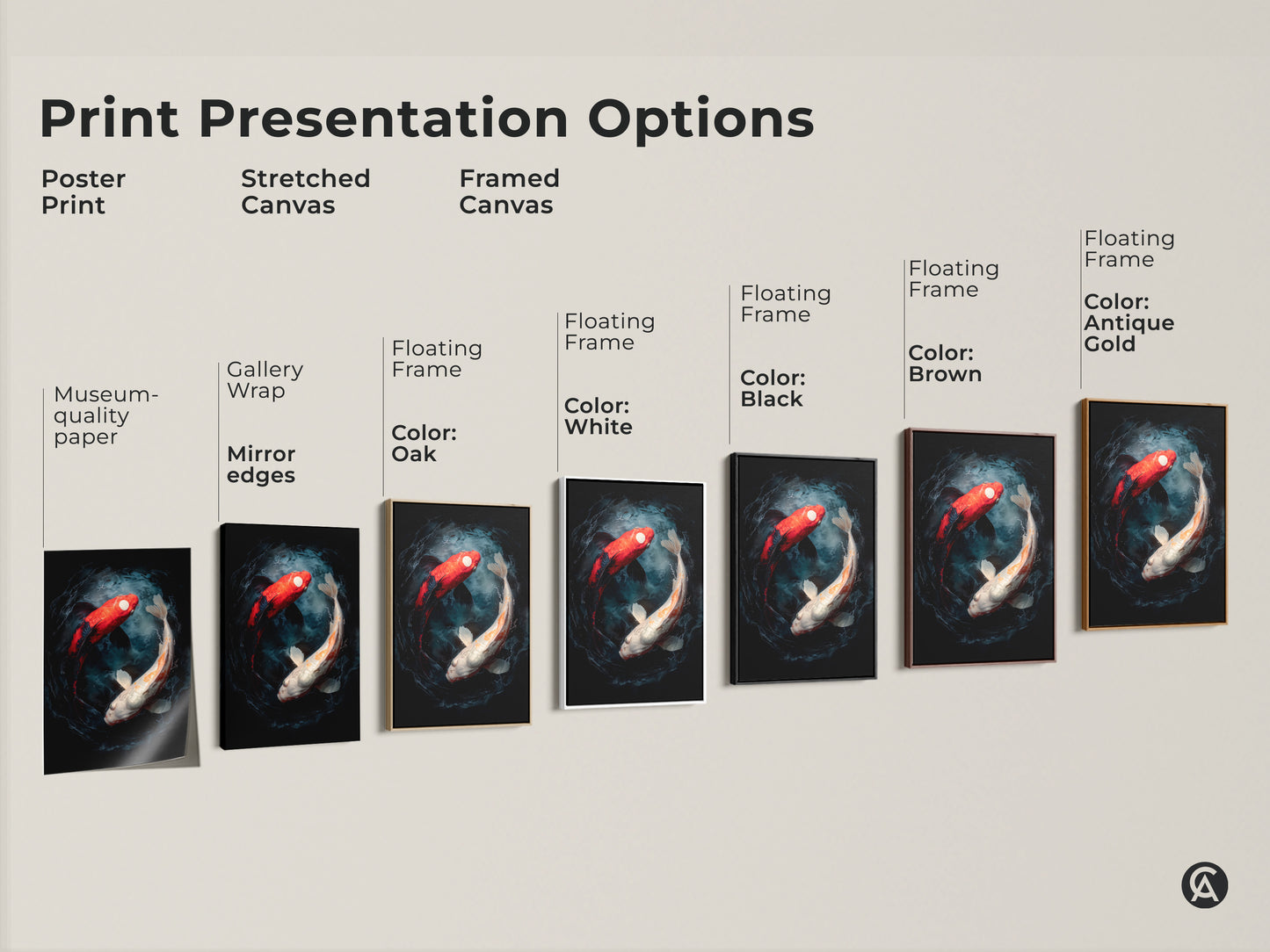 Print presentation options for koi fish art. Choose from poster prints stretched canvas or framed canvas. Many frame color options are available like black brown or gold