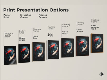 Print presentation options for koi fish art. Choose from poster prints stretched canvas or framed canvas. Many frame color options are available like black brown or gold
