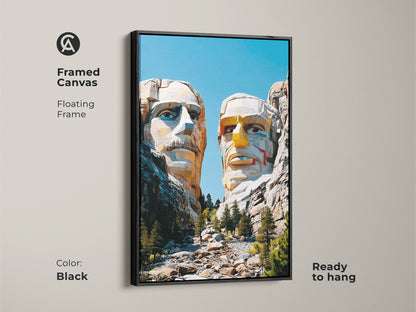 Framed canvas geometric Mount Rushmore art in a black floating frame. Ready to hang this modern pop art print adds a contemporary touch. It's an ideal travel gift and unique landscape artwork for any office workplace.