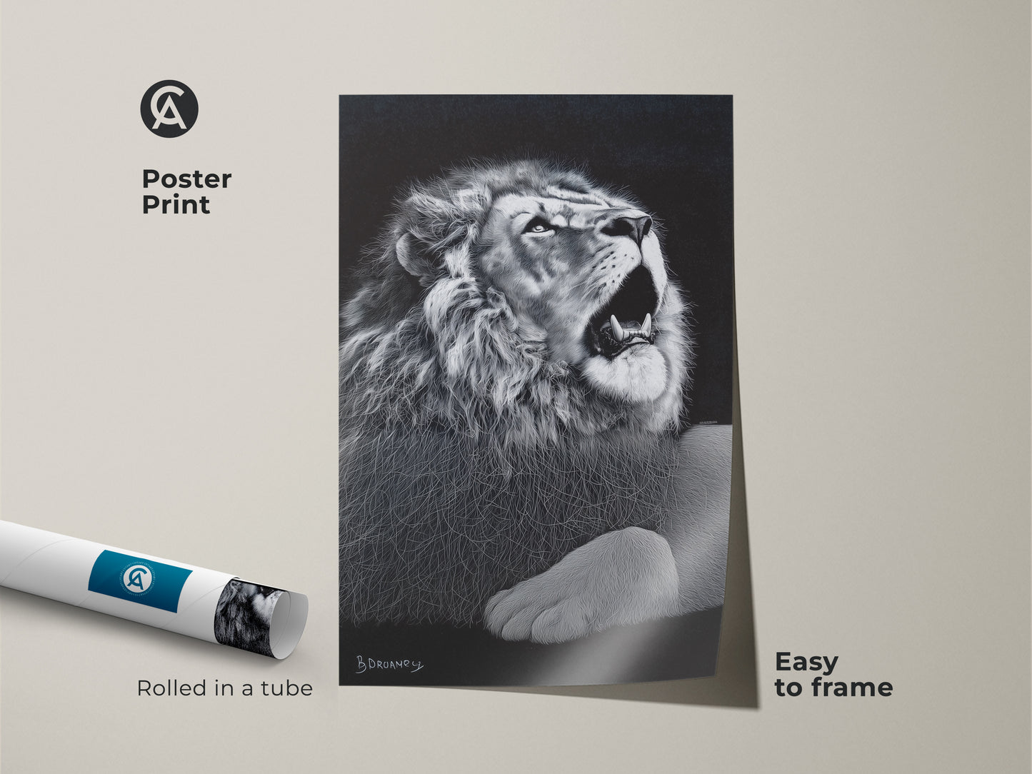 Monochrome lion poster art. This wildlife art is rolled in a tube and easy to frame. It's suited for a contemporary bedroom or office. The king of jungle artwork is a perfect gift.