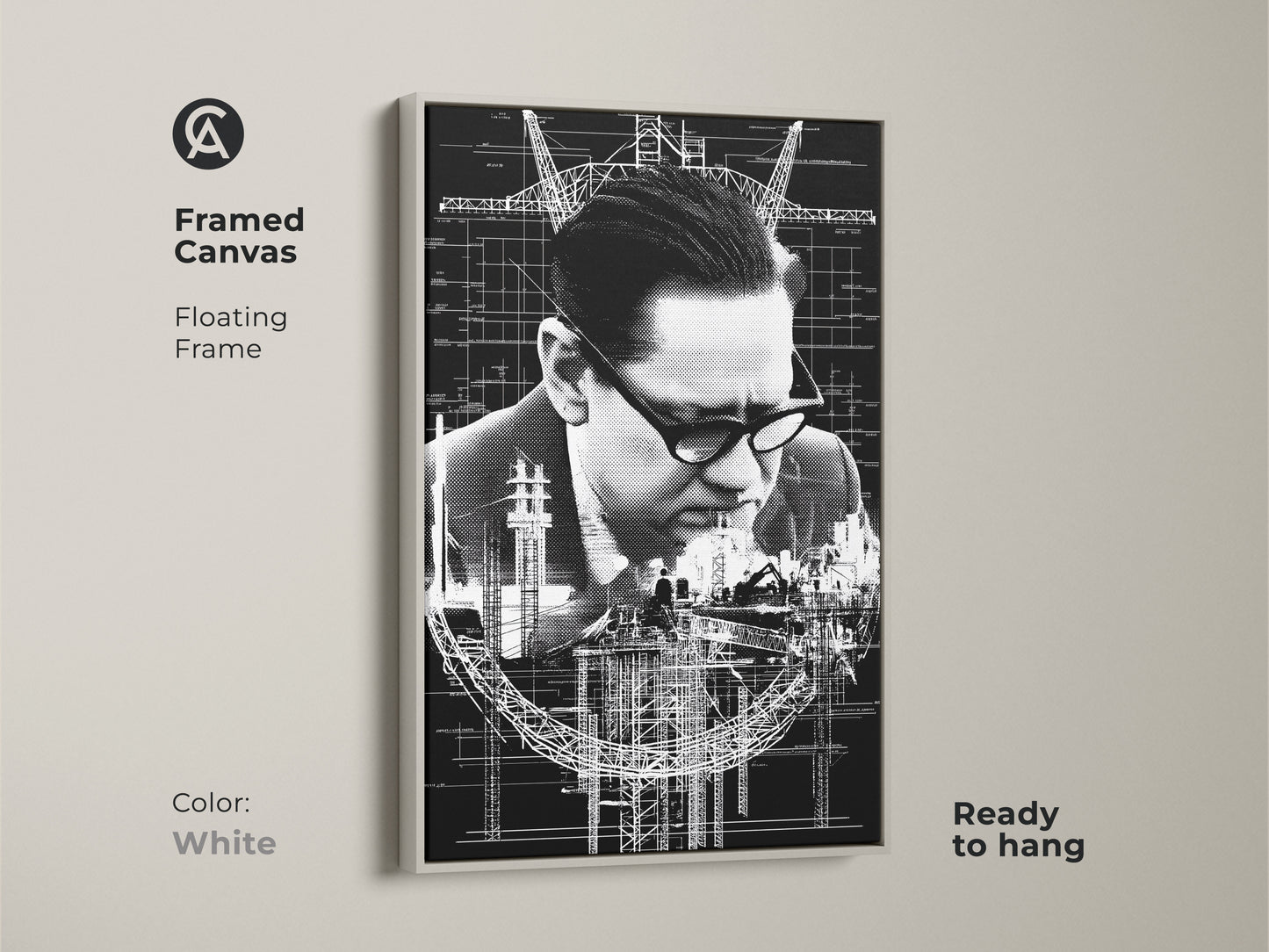 White framed canvas with floating frame features industrial blueprint art. This monochrome technical drawing is ready to hang. Perfect as office desk art. A unique construction worker gift idea.