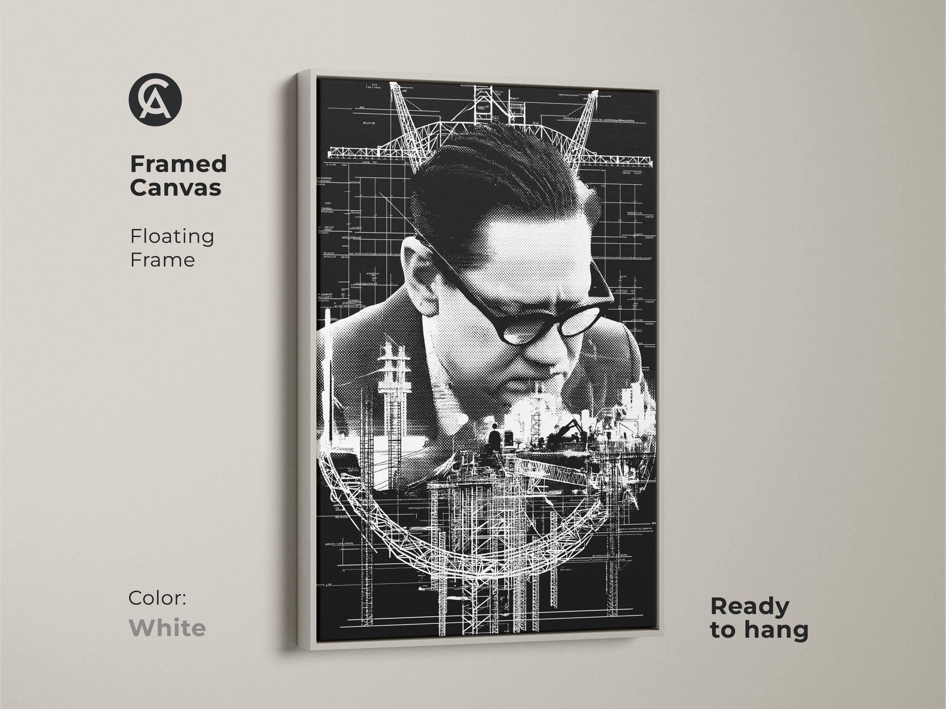 White framed canvas with floating frame features industrial blueprint art. This monochrome technical drawing is ready to hang. Perfect as office desk art. A unique construction worker gift idea.