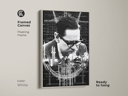 White framed canvas with floating frame features industrial blueprint art. This monochrome technical drawing is ready to hang. Perfect as office desk art. A unique construction worker gift idea.