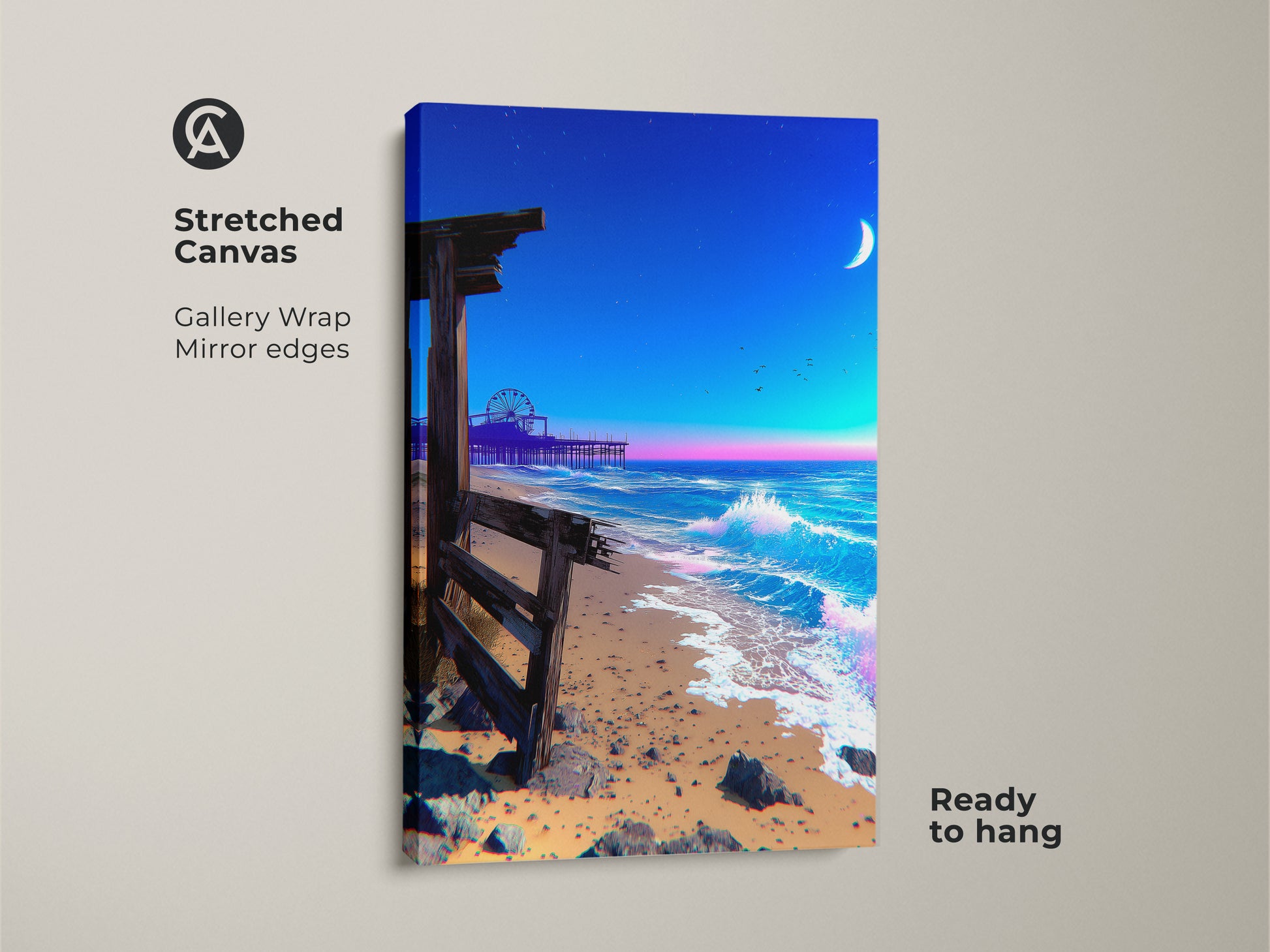 Stretched canvas of a synthwave beach scene. It's a coastal beach wall art print of a moonlit ocean pier. This retro wave art is ideal for boho bedroom decor. Ready to hang with gallery wrapped mirror edges.