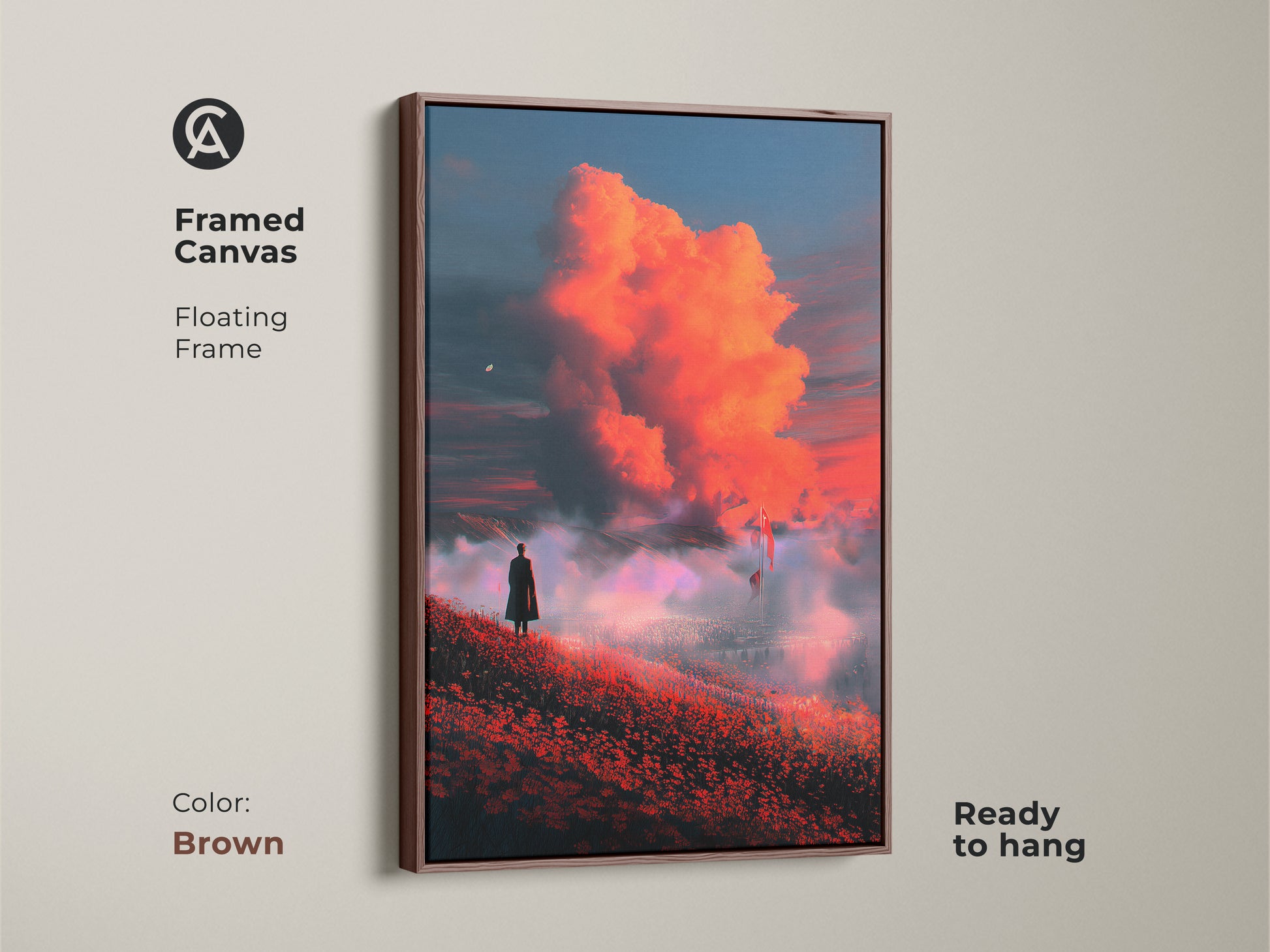 Framed canvas print of a lone figure in a dreamscape. The artwork features fiery orange and crimson clouds. The brown floating frame complements this surrealist piece. An artistic landscape print that is ready to hang. Perfect for eclectic bedroom decor.