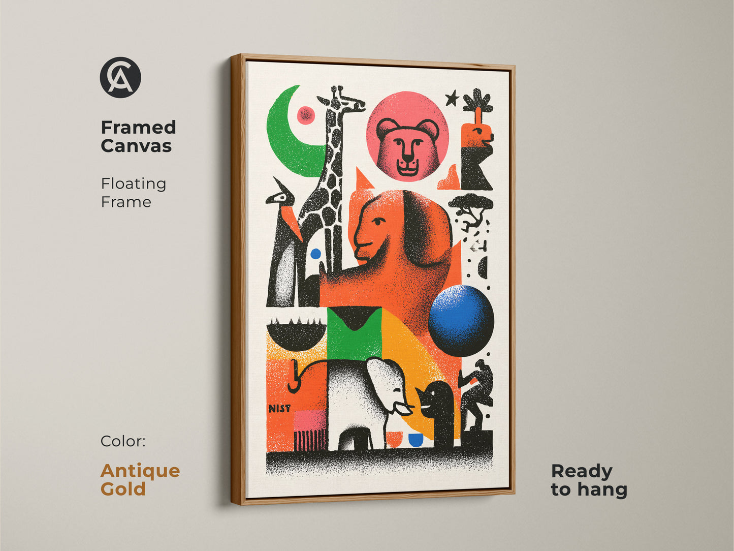 Framed canvas with an antique gold floating frame. The abstract geometric wall art features a giraffe and elephant. It is ideal as a housewarming gift or a statement piece for any room. This retro animal print is ready to hang. The modern eclectic wall hanging is a gift for wildlife lovers.