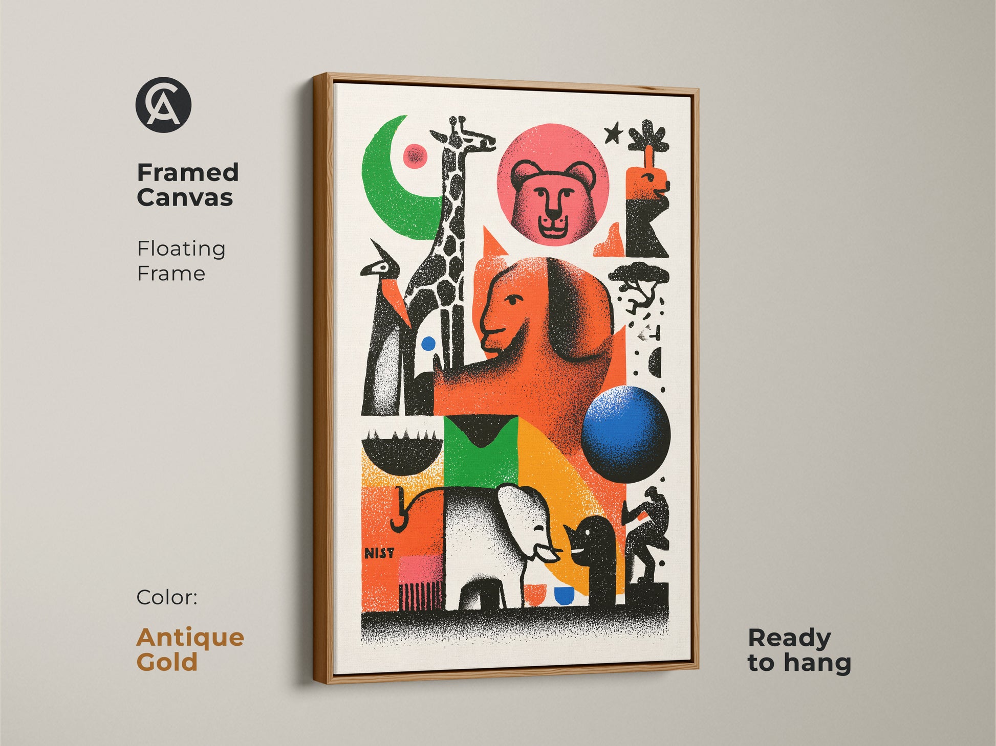 Framed canvas with an antique gold floating frame. The abstract geometric wall art features a giraffe and elephant. It is ideal as a housewarming gift or a statement piece for any room. This retro animal print is ready to hang. The modern eclectic wall hanging is a gift for wildlife lovers.