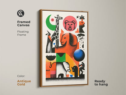 Framed canvas with an antique gold floating frame. The abstract geometric wall art features a giraffe and elephant. It is ideal as a housewarming gift or a statement piece for any room. This retro animal print is ready to hang. The modern eclectic wall hanging is a gift for wildlife lovers.