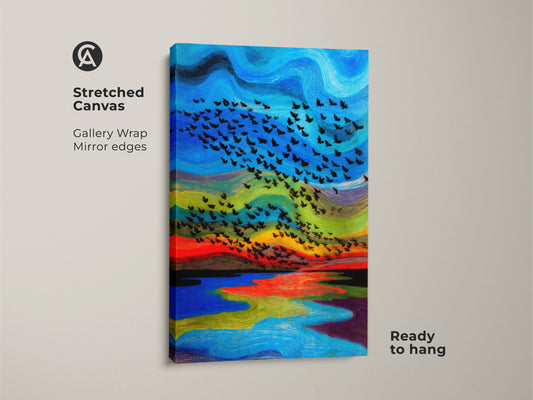 Stretched canvas of abstract bird artwork ready to hang. Gallery wrap with mirror edges showcases blue red green nature landscape art. Perfect animal art for modern bedroom wall decor providing an elegant touch.