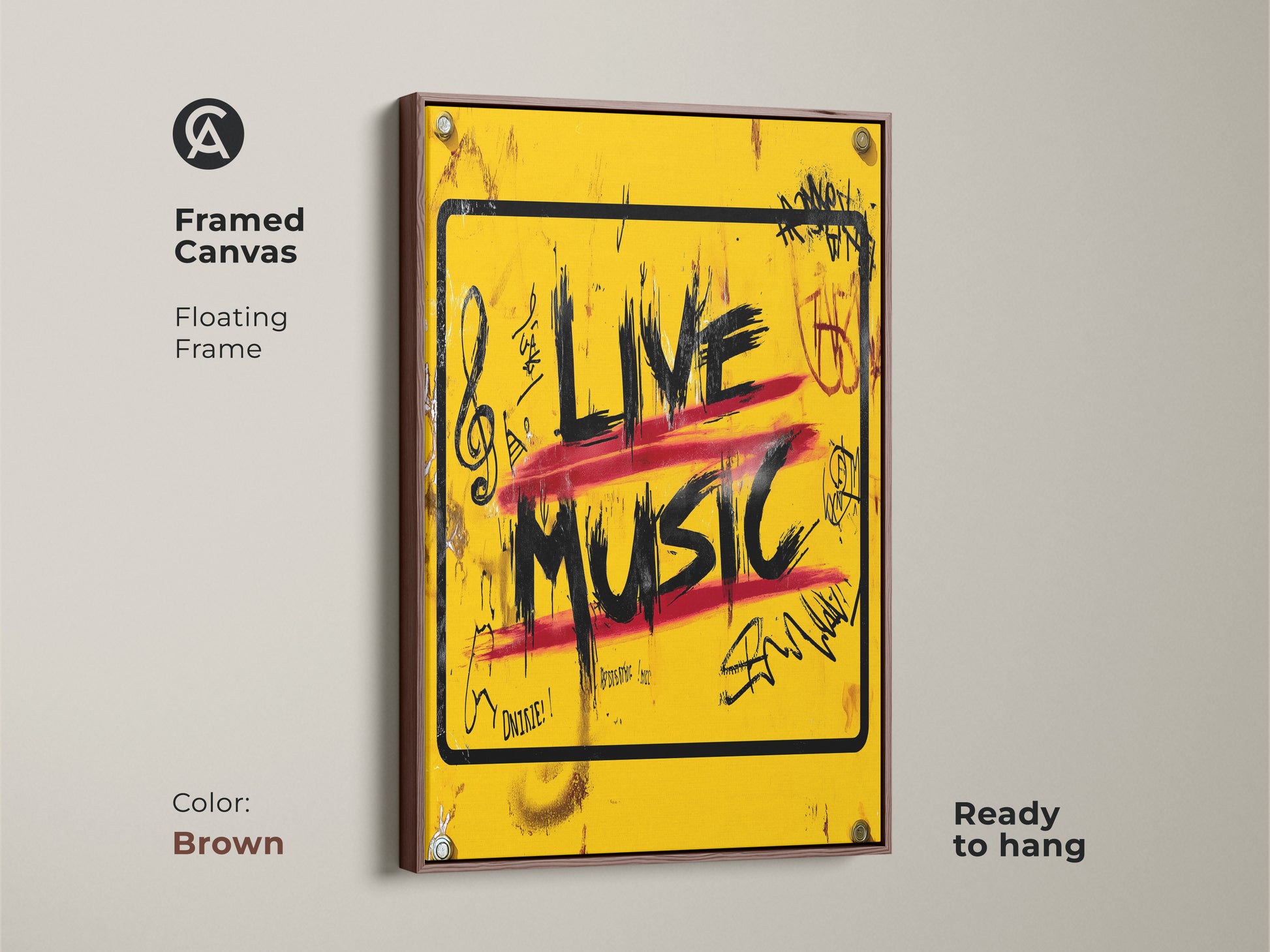 A 'Live Music' graffiti art print is beautifully framed in a floating brown frame. The warm tones complement the bold yellow urban street canvas with red and black accents. This musician gift idea is ready to hang adding an eclectic touch to any music-themed space.