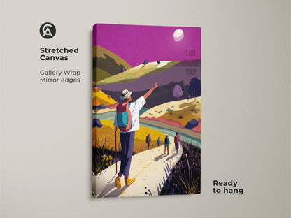 Stretched canvas of boho mountain wall art ready to hang. The gallery wrap has mirror edges. Flat art shows hikers exploring a colorful yellow green and purple landscape. It's perfect boho decor.