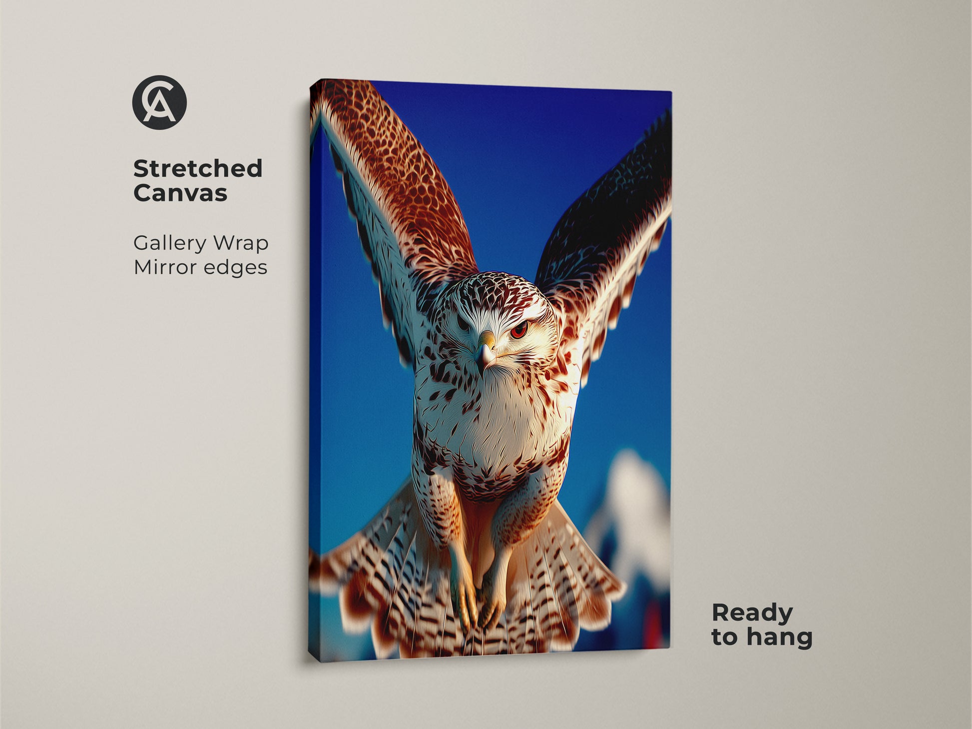 This stretched canvas showcases a bird of prey art print featuring a realistic falcon. The gallery wrap and mirror edges enhance the blue sky wildlife decor. Ready to hang this falcon wall art adds wild spirit to any study room or office space.