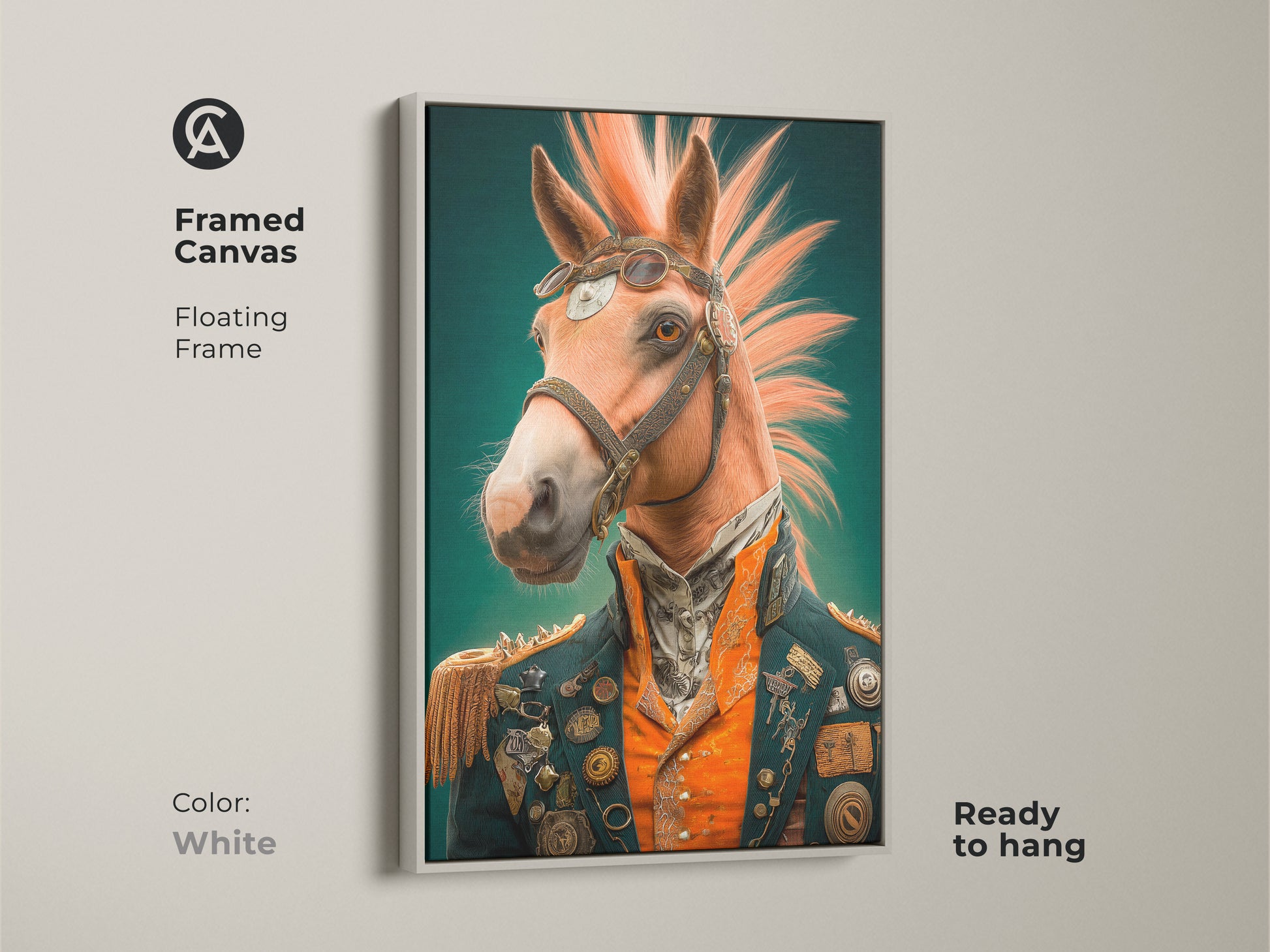 Framed canvas of the steampunk horse artwork with a floating white frame. The animal portrait art is ready to hang. The victorian-era artwork adds a unique touch to any space.