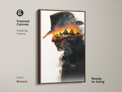 Brown framed canvas art showcasing a captivating cowboy double exposure. It merges a cowboy silhouette with a sunset horseback riding scene. This piece of rustic cowboy artwork adds a touch of wild west to any home. A fantastic addition to rustic western or masculine-themed decor.