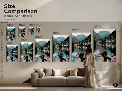 Size comparison of the man in rowboat art prints in inches & centimeters. Art sizes range from 20x30 cm to 45x67 inches. A person stands to showcase the size compared to a sofa.