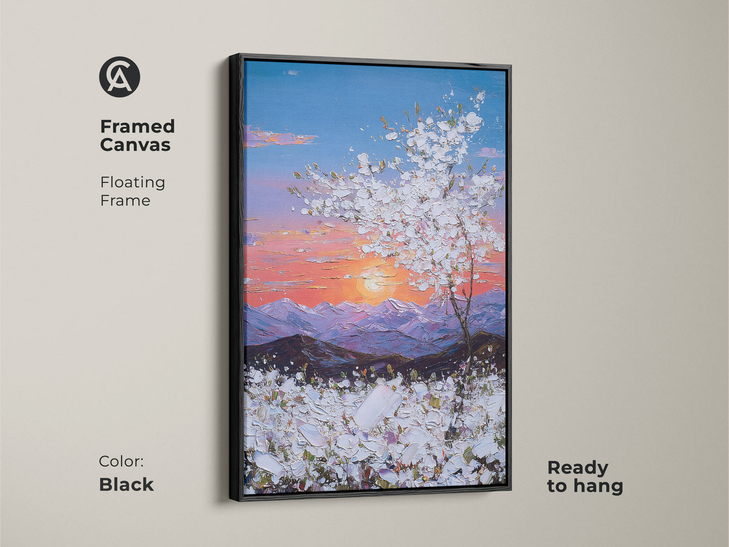 Framed canvas with a floating frame displays a sunset landscape. The artwork features a tree and mountains. This blue pink orange nature art is ready to hang. Perfect for farmhouse decor.