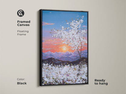 Framed canvas with a floating frame displays a sunset landscape. The artwork features a tree and mountains. This blue pink orange nature art is ready to hang. Perfect for farmhouse decor.