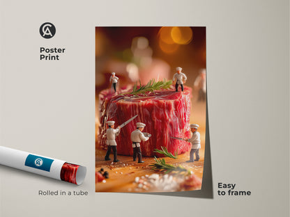 Poster print featuring miniature chefs meticulously working on a raw steak. Rolled in a tube for easy framing this food art is museum-quality. Perfect addition for any kitchen or dining space.