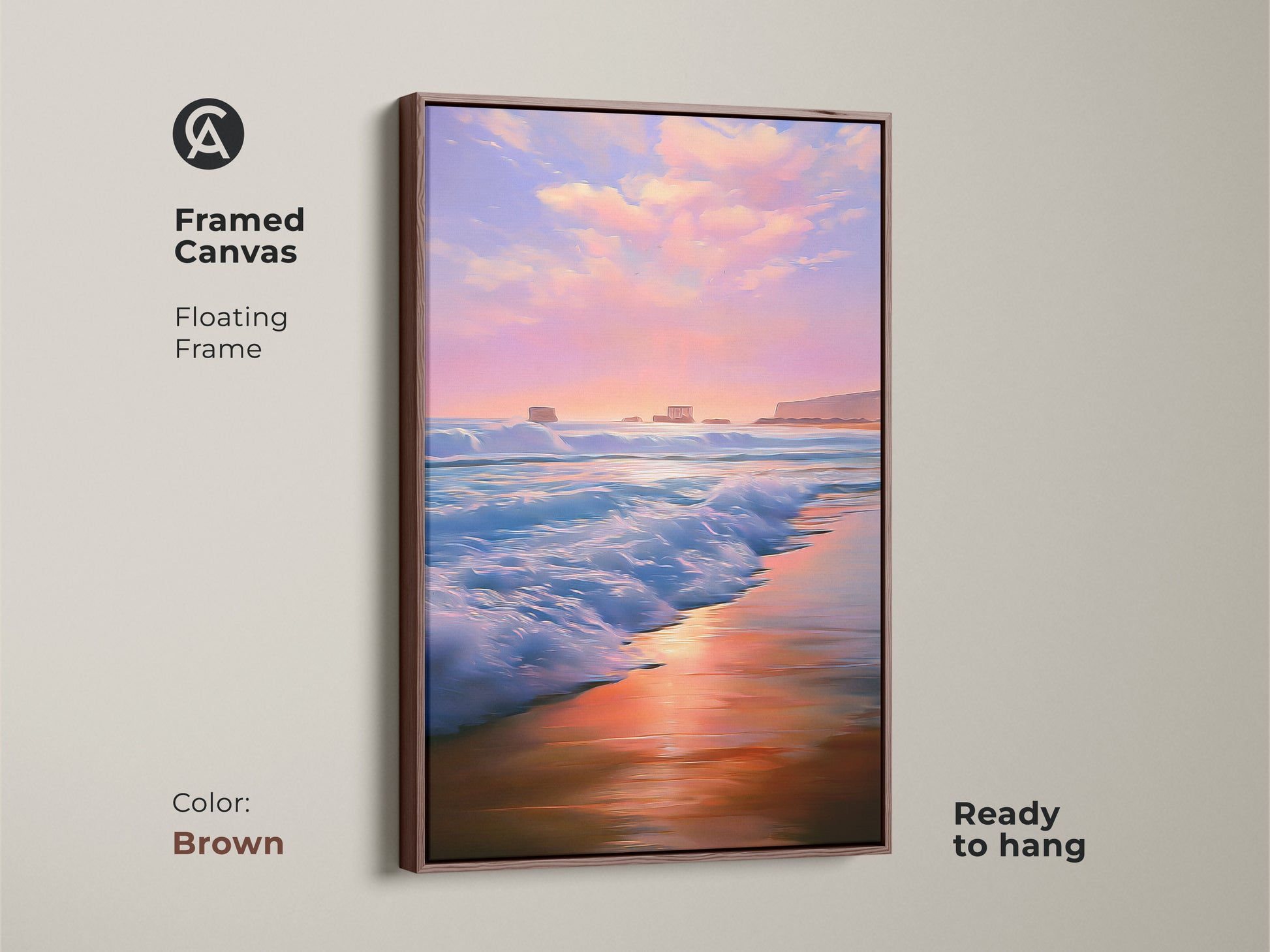 Framed canvas with a brown floating frame presents warm coastal artwork. The ocean wave painting captures a peaceful pink purple beach scene. This sunset seascape canvas will be a calming addition to your home.