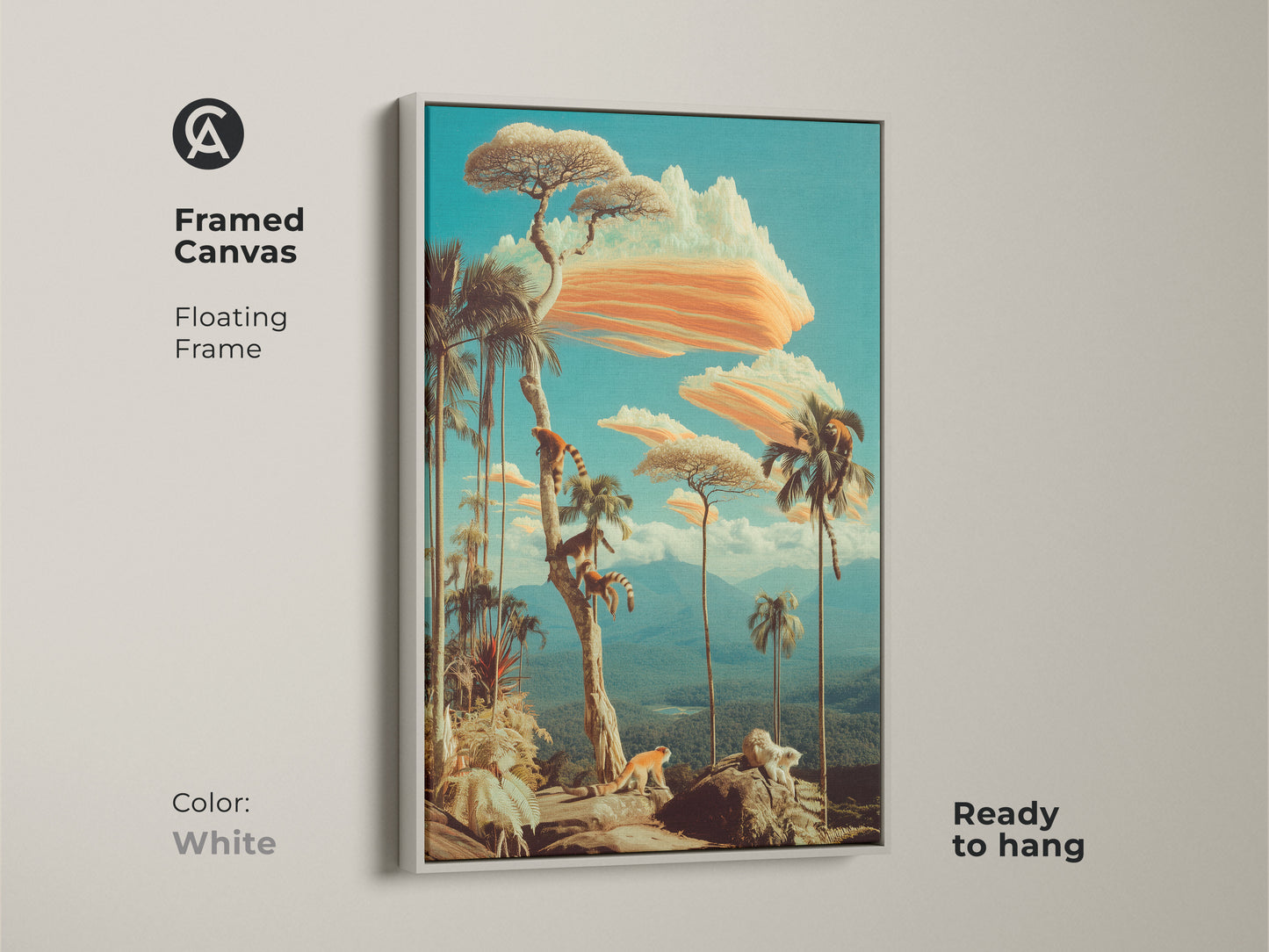 This White Framed Canvas features playful lemurs among exotic trees and a breathtaking landscape. The unique nature artwork serves as a captivating statement piece for any room. Ideal Birthday Gift for nature lovers. Ready to hang.