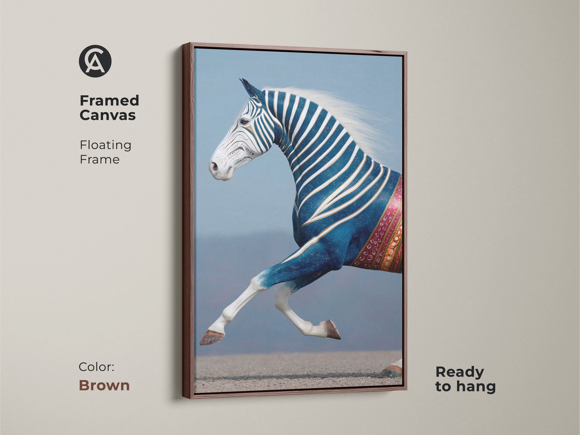 Framed Canvas in Brown showcasing Equine Wall Decor. This surreal animal print features an indigo zebra horse. Ready to hang this eclectic bedroom canvas adds a touch of fantasy. A unique gift for animal lovers this patterned equine art enhances any space.