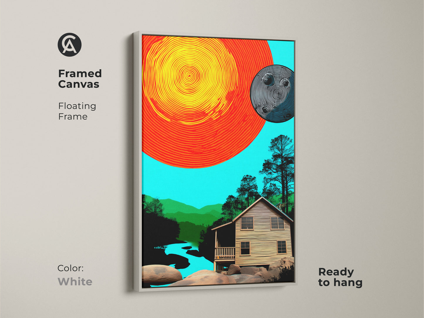 White framed canvas featuring abstract sun and moon above a cabin. Floating frame complements the orange yellow and teal nature artwork. Ready to hang this modern art gives eclectic home accent. This artwork shows a artistic cabin scene.