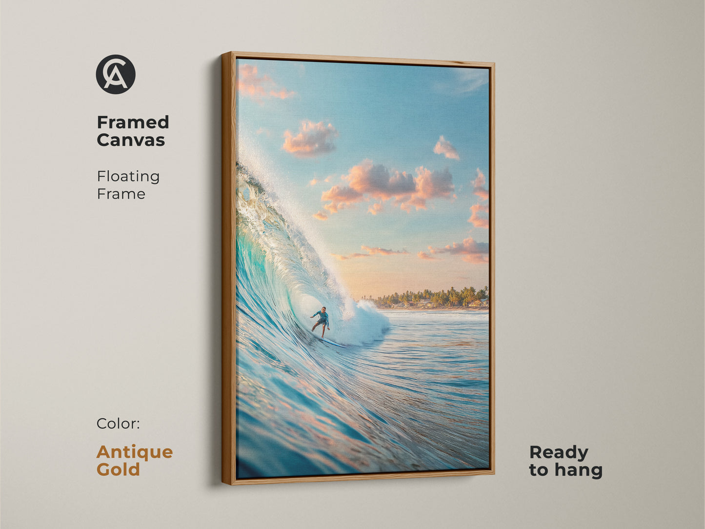 This antique gold framed canvas artwork shows a surfer riding a wave. The floating frame adds elegance. Ready to hang this piece brings a touch of luxury to your walls. Perfect for adding a unique coastal art piece.