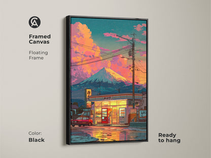 Framed canvas art featuring a Japanese convenience store and Mount Fuji. The floating frame adds elegance to this art piece. Ready to hang in a black frame. Ideal for adding a touch of Japanese culture to your decor. Perfect for art enthusiasts and collectors.