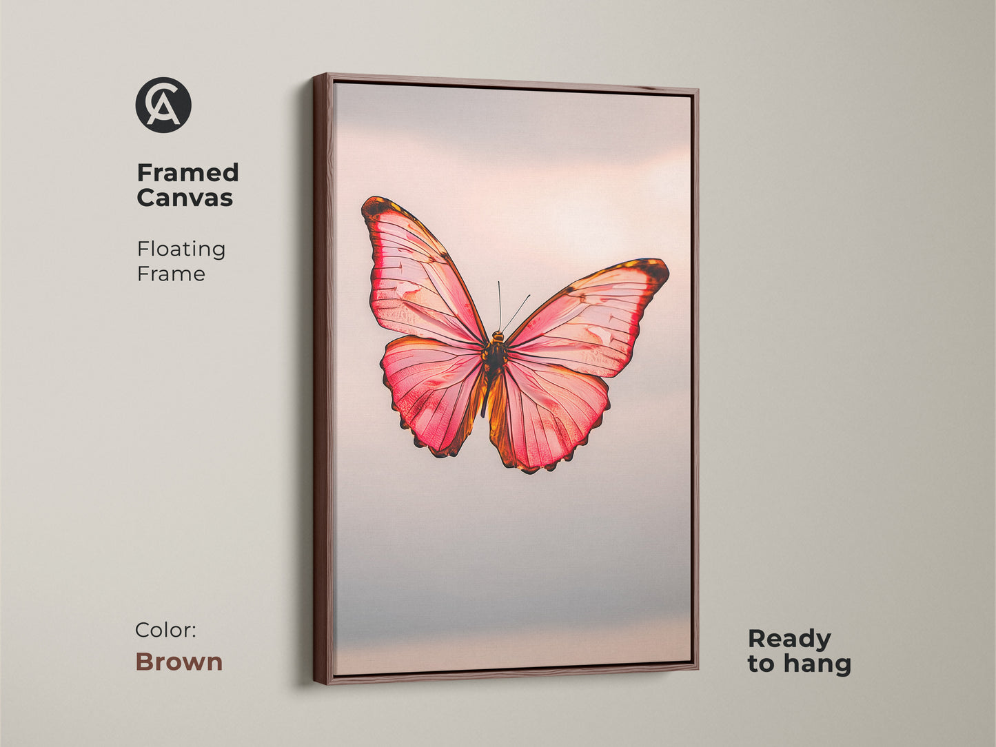 Framed canvas with a floating frame displaying insect art. The modern nature canvas is ready to hang. The minimalist butterfly decor comes in brown. The pink butterfly artwork is a rose gold butterfly print.