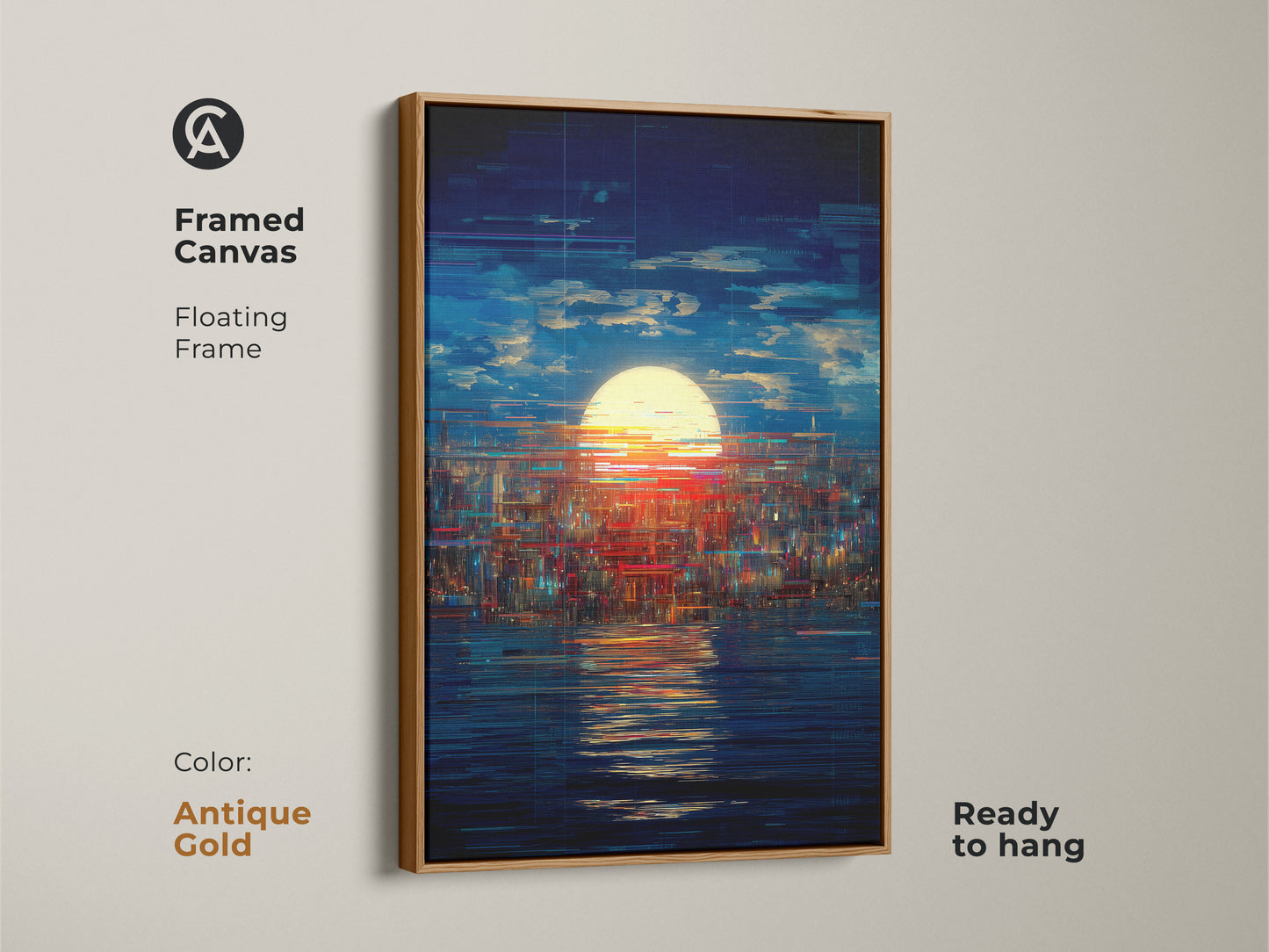 Antique gold framed canvas of a glitch art cityscape.  Abstract sunset wall art featuring blue yellow red tones. A modern piece suitable for any room. The floating frame is ready to hang.
