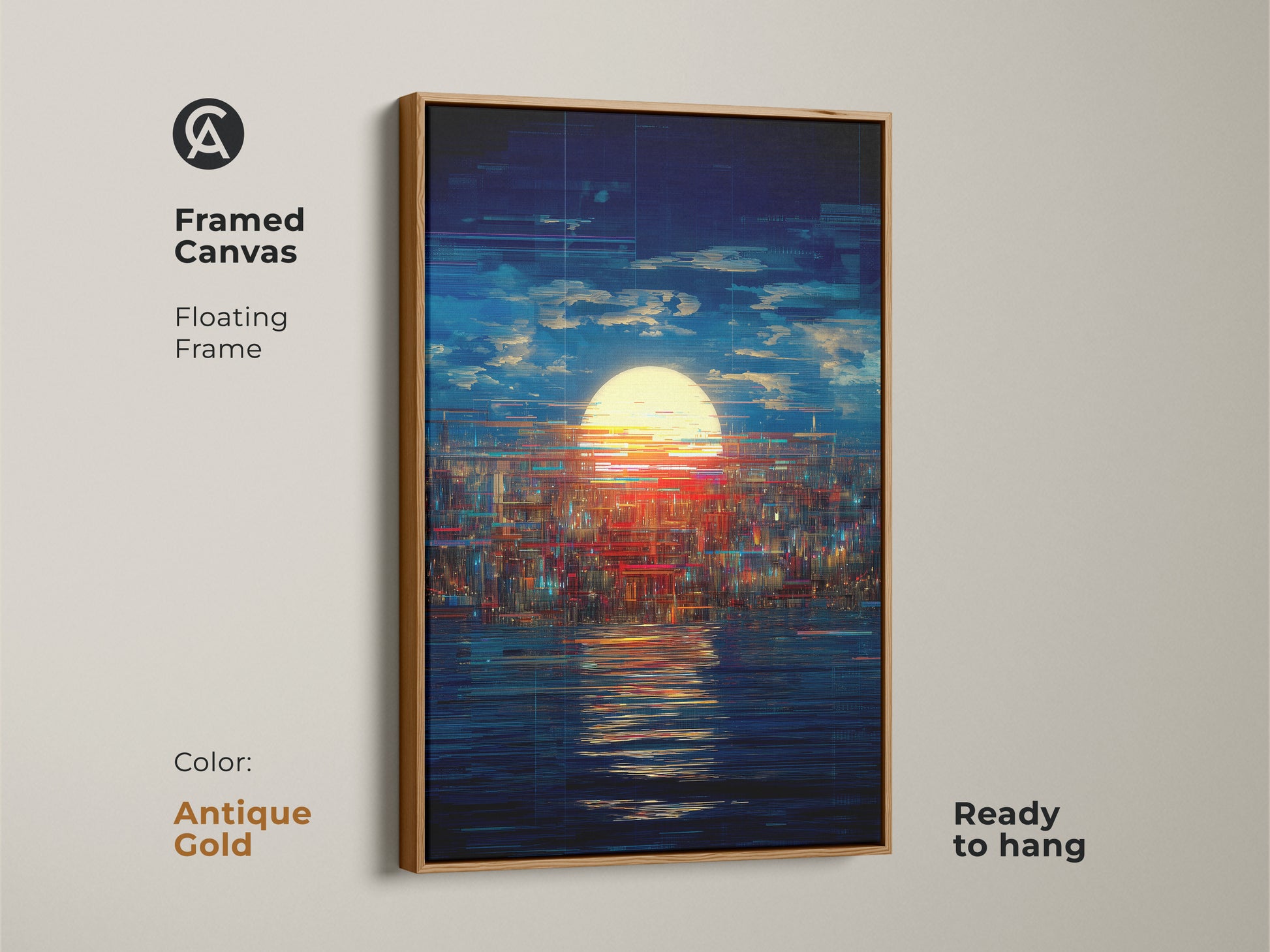 Antique gold framed canvas of a glitch art cityscape.  Abstract sunset wall art featuring blue yellow red tones. A modern piece suitable for any room. The floating frame is ready to hang.