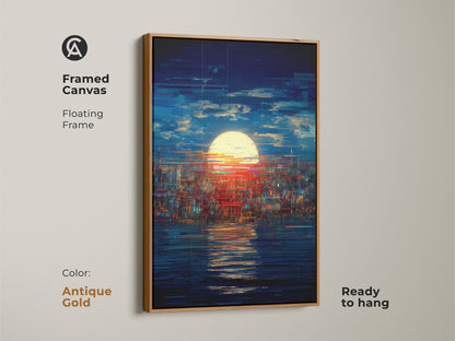 Antique gold framed canvas of a glitch art cityscape.  Abstract sunset wall art featuring blue yellow red tones. A modern piece suitable for any room. The floating frame is ready to hang.