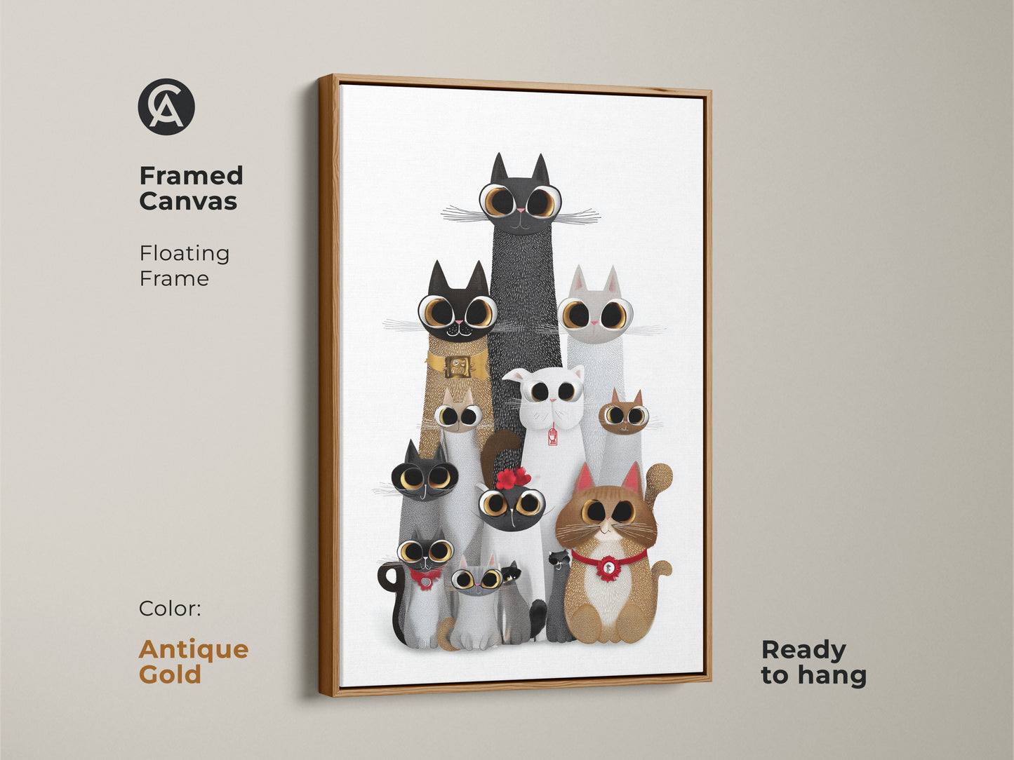 Antique Gold framed canvas of cute cat art. This whimsical animal wall art features a floating frame. Ready to hang this eclectic cat family poster is a great cat mom birthday gift and will add a unique touch to any room.