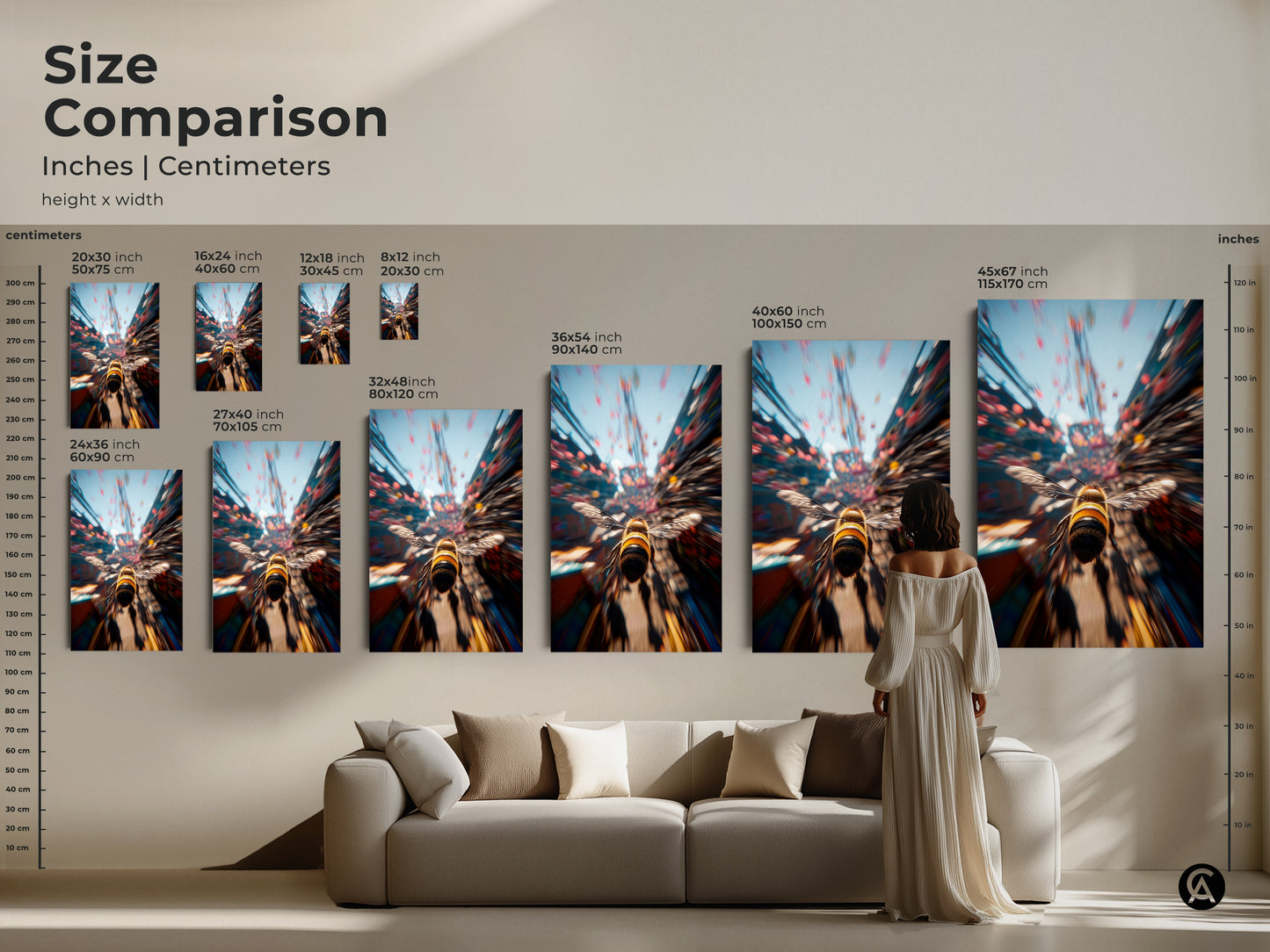 Size comparison of bee art prints in inches and centimeters. Visualize how each size fits in your home. Choose from various sizes in canvas or poster format. Perfect art for any room.