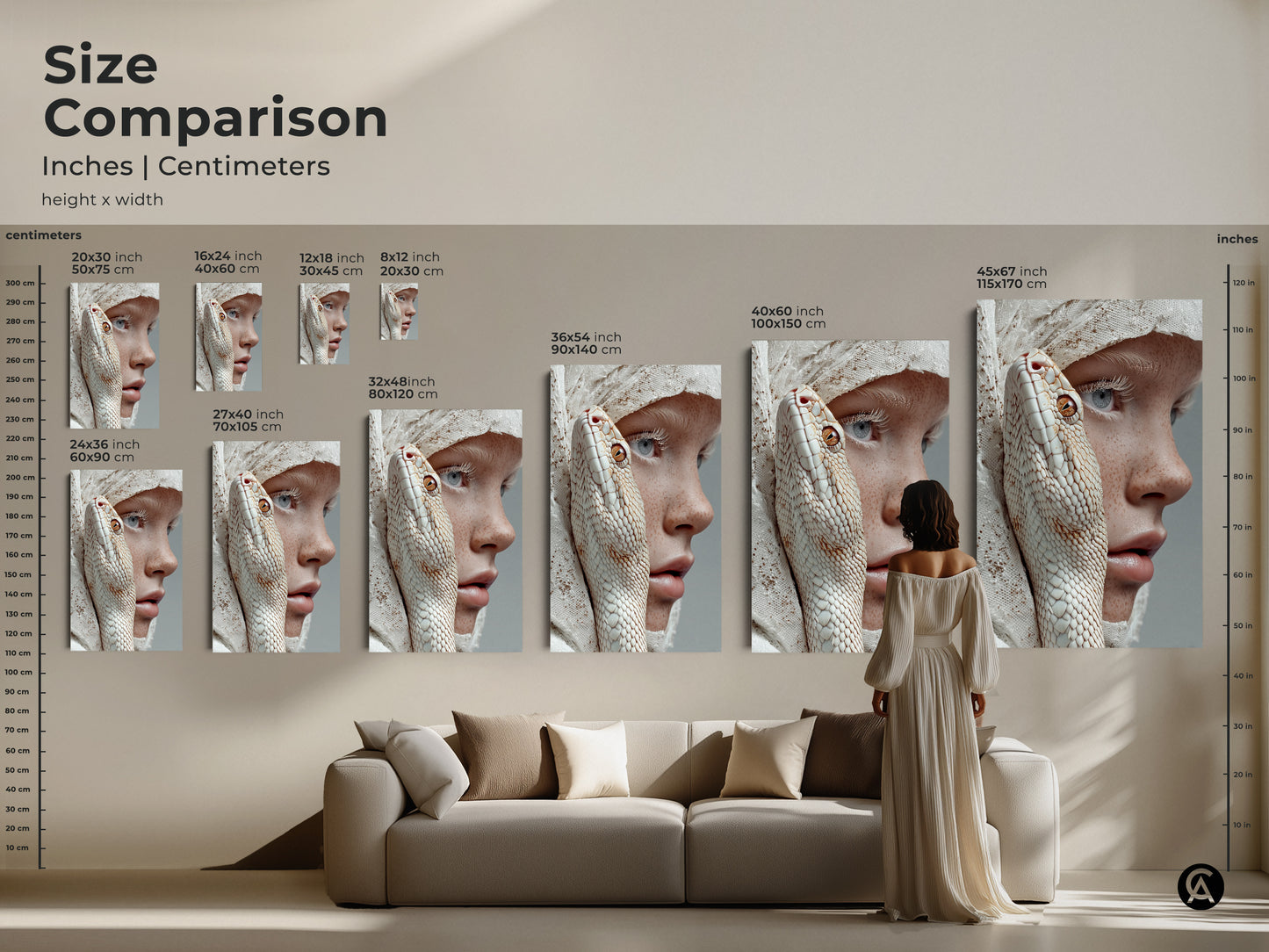 This size comparison shows the inches and centimeters of the canvas and poster. The height and width are displayed in a living room setting. The artwork features an albino snake intertwined with a freckled woman. It is perfect for nature inspired artwork or spiritual snake symbolism.