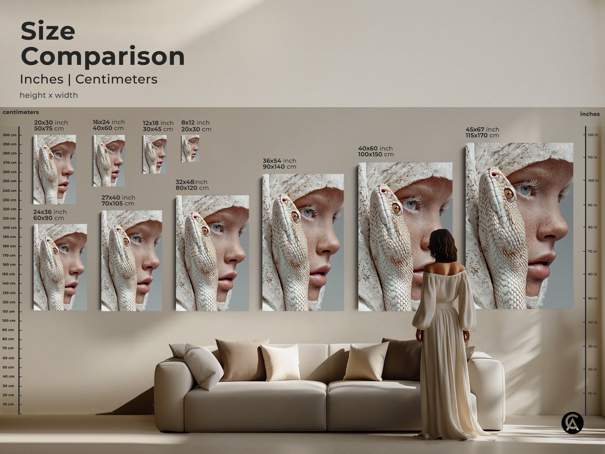This size comparison shows the inches and centimeters of the canvas and poster. The height and width are displayed in a living room setting. The artwork features an albino snake intertwined with a freckled woman. It is perfect for nature inspired artwork or spiritual snake symbolism.