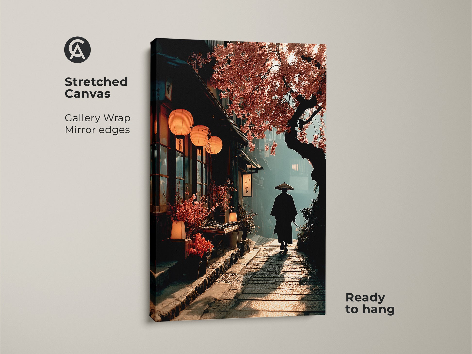 This stretched canvas presents a serene Japanese street scene with a samurai under cherry blossoms. The warm orange and earthy tones evoke Japandi style. Ready to hang this artwork offers a gallery wrap with mirrored edges. An ideal gift for travel enthusiasts seeking cultural wall art.