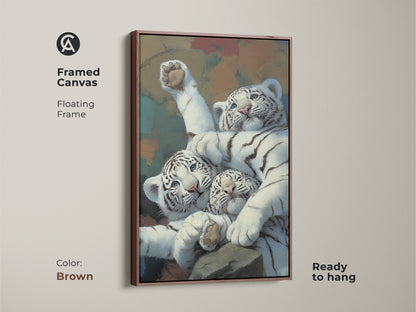 Framed canvas with realistic white tiger cubs art in a brown floating frame. This wildlife feline canvas print is ready to hang. Ideal newborn tiger painting art for animal lovers. Add a touch of eclectic home decor with this big cat canvas artwork. A cute animal wall decor choice.
