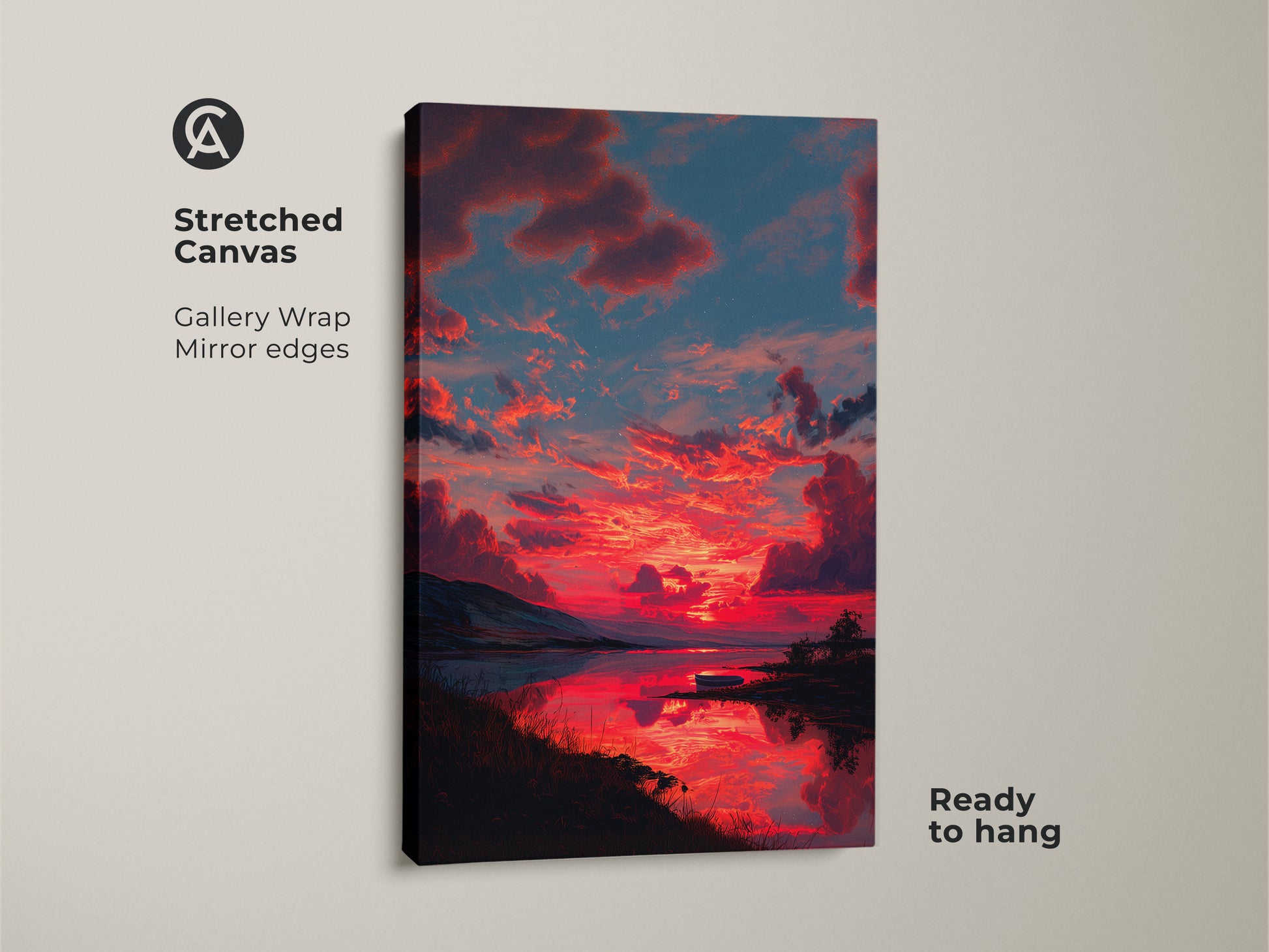 Stretched canvas featuring a dramatic crimson sunset and expressive skyscape. This contemporary landscape painting has gallery wrapped edges. The mirror edges add depth to this nature lover gift art. Ready to hang this artwork is a perfect addition to any living room or bedroom.