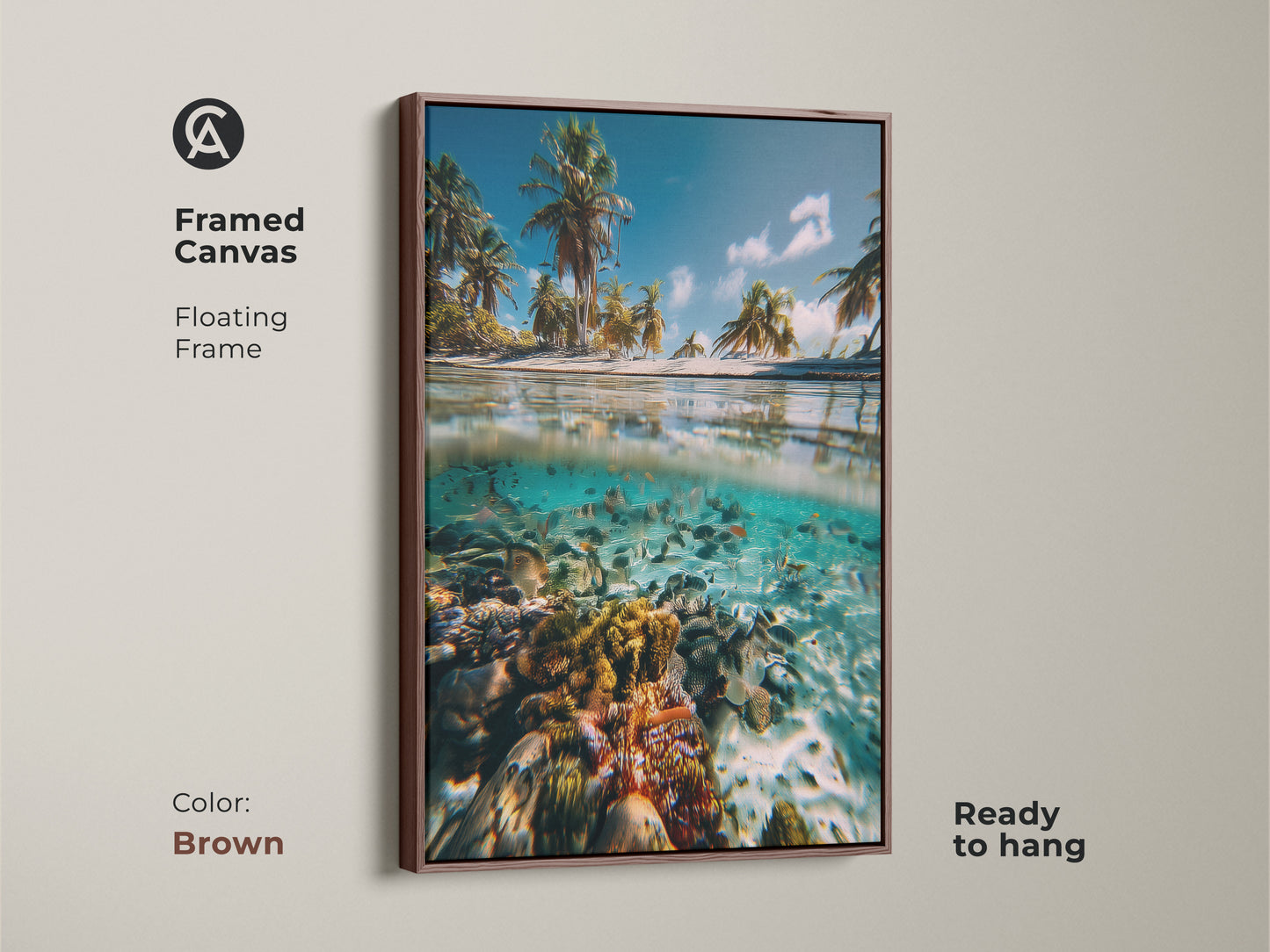 Framed canvas print featuring a split view tropical beach. The artwork shows palm trees and a coral reef. The floating frame is brown. Coastal wall decor is ready to hang. Bring the beauty of the ocean indoors with this ocean scene artwork.