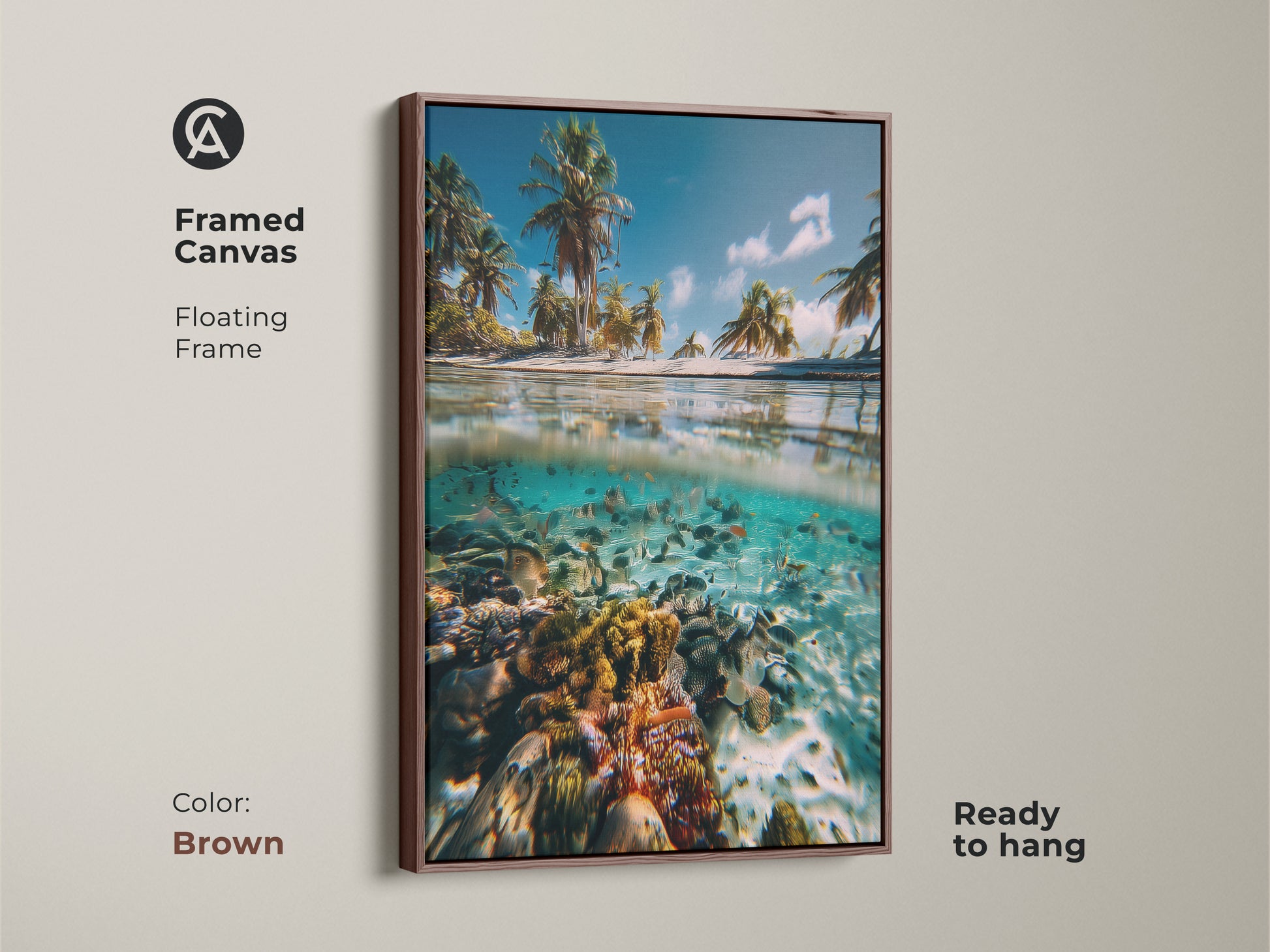 Framed canvas print featuring a split view tropical beach. The artwork shows palm trees and a coral reef. The floating frame is brown. Coastal wall decor is ready to hang. Bring the beauty of the ocean indoors with this ocean scene artwork.