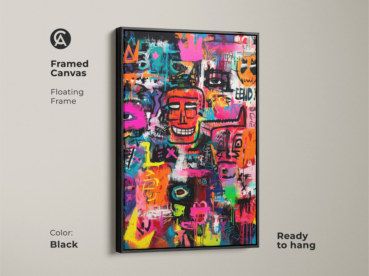Modern graffiti art in a black floating frame. This colorful artwork features a collection of faces and symbols. The artwork is ready to hang. Add a unique piece to your art collection today.