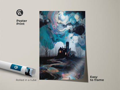 Poster print featuring a surreal landscape wall art. The art depicts a gothic haunted house with an impressionistic swirling night sky. This deep blue teal artwork is rolled in a tube. Easy to frame this dark moody landscape art.