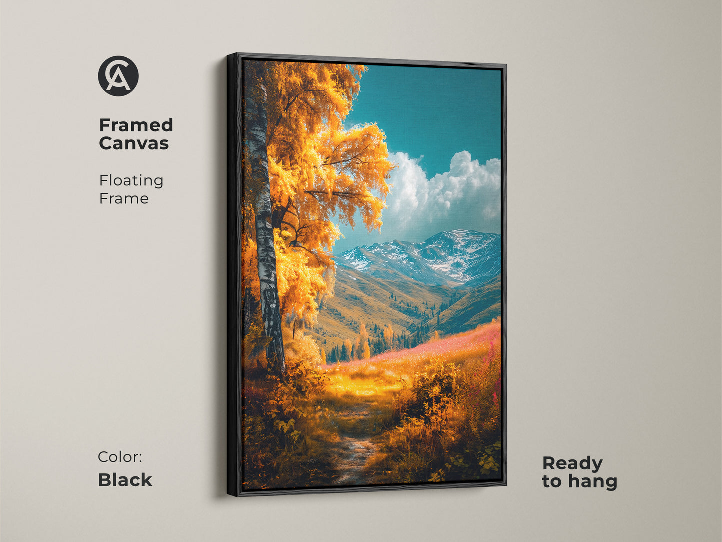 Framed canvas art showcasing a golden autumn landscape. A birch tree and snow-capped mountains are on display. The black floating frame adds a touch of sophistication. This ready-to-hang artwork brings a gallery feel to any room.