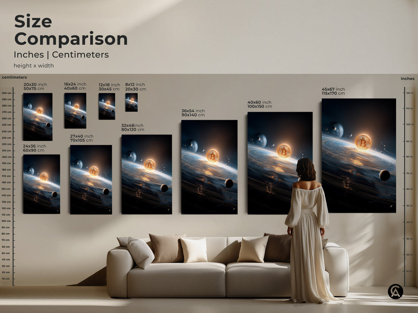 Size comparison of Bitcoin art prints. Inches and centimeters are shown. A woman is standing next to the art for scale. Find the perfect size Bitcoin artwork to buy today.