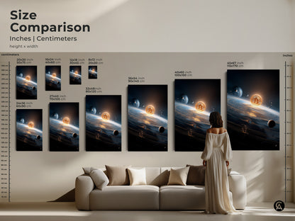 Size comparison of Bitcoin art prints. Inches and centimeters are shown. A woman is standing next to the art for scale. Find the perfect size Bitcoin artwork to buy today.