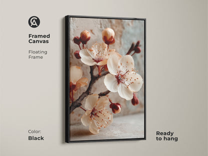 Framed canvas with a black floating frame displaying cherry blossom artwork. This botanical print is ready to hang. The soft peach and warm brown tones add modern style.
