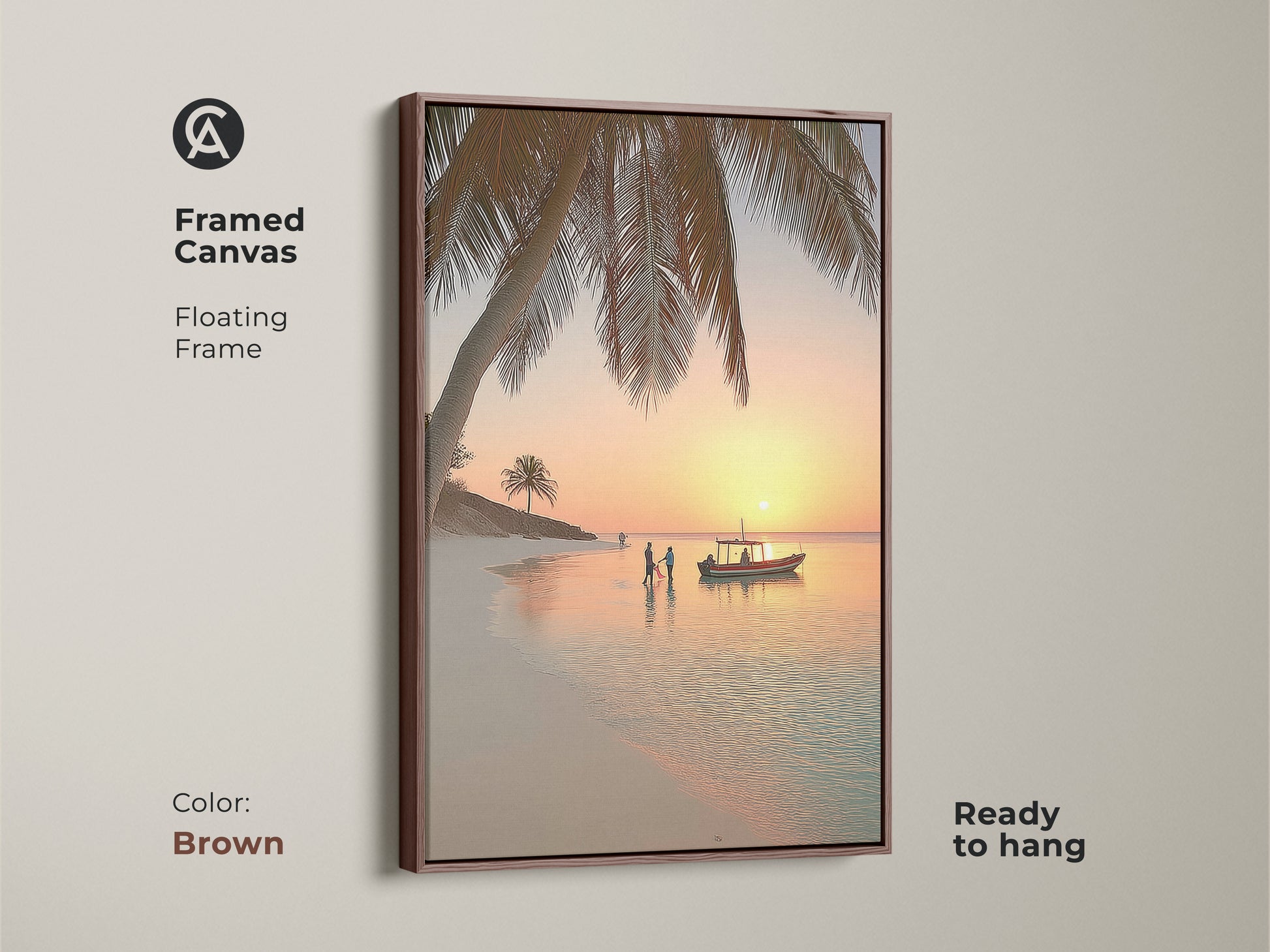 Framed canvas print of a tropical beach sunset in a brown floating frame. The coastal artwork includes a palm tree and boat on the ocean. Ready to hang this orange yellow teal artwork is ideal for beach lovers. The tranquil beach painting adds a touch of summer.