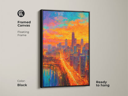 Framed canvas art featuring the Chicago skyline. This floating frame is black. The vibrant artwork is ready to hang. It offers a modern and sophisticated look. The colorful cityscape enhances your home decor