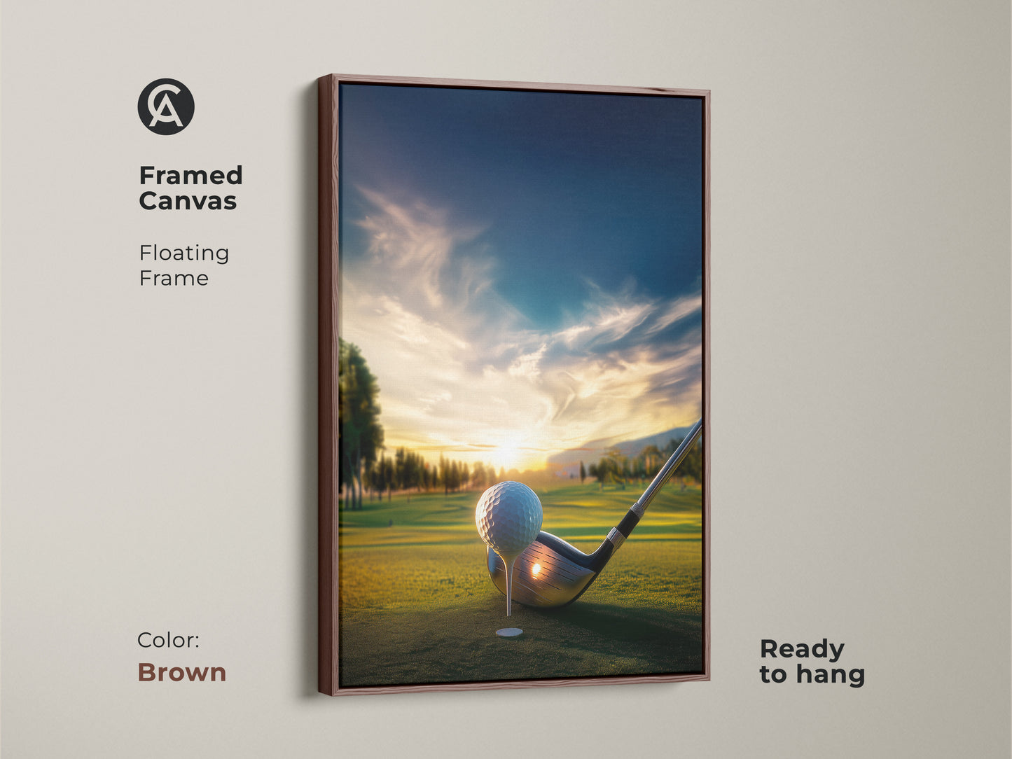 Brown framed canvas golf course art. Golf ball awaits the swing on the green. A scenic sunset provides a stunning backdrop. The floating frame enhances this piece ready for display.
